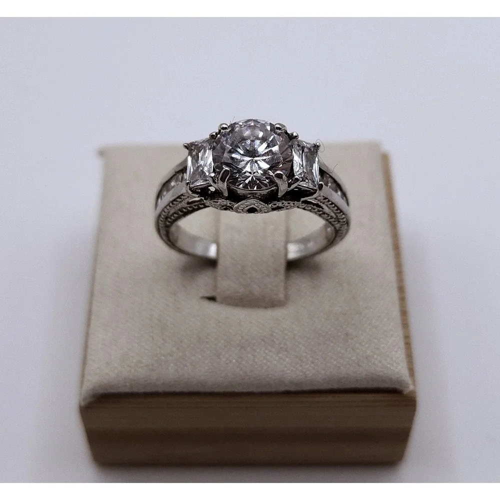 925 Sterling Silver Cubic Zirconia Engagement Ring Womens 7 Filigree Baguette